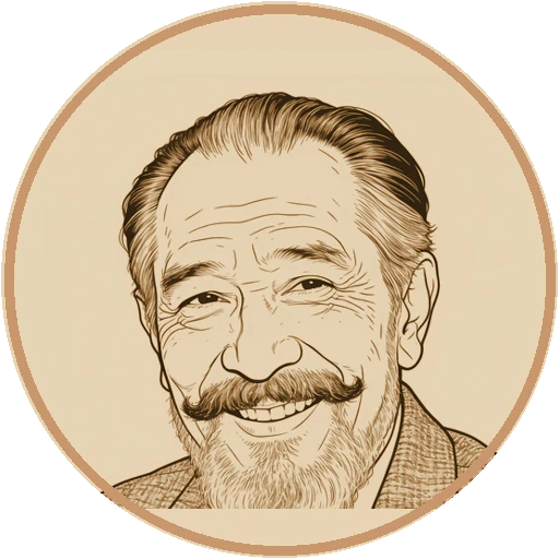 Stylized fine-line illustrated avatar of Alan Watts (AI-generated interpretation)