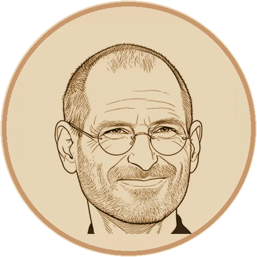 Stylized fine-line illustrated avatar of Steve Jobs (AI-generated interpretation)